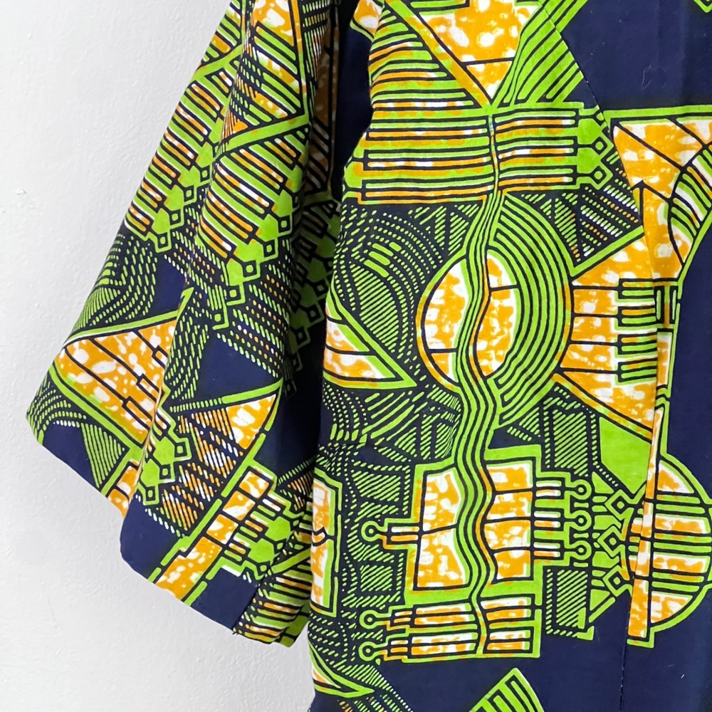 Nancy Classy Stitch Shirt XL Men Abstract Geometric African Wax Print Navy Green - Picture 4 of 10